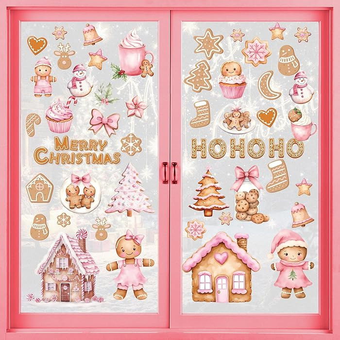 Christmas Window Clings for Glass - 9 Sheets Pink Gingerbread Christmas Decorations, Candy Window... | Amazon (US)