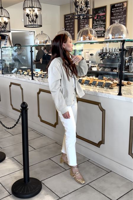 Cream bomber jacket outfit with gold shoes 💛

Gold shoes outfit, bomber jacket outfit, all white outfit, all cream outfit, all beige outfit, white pants outfit, spring outfit ideas 

#LTKworkwear #LTKstyletip #LTKSeasonal