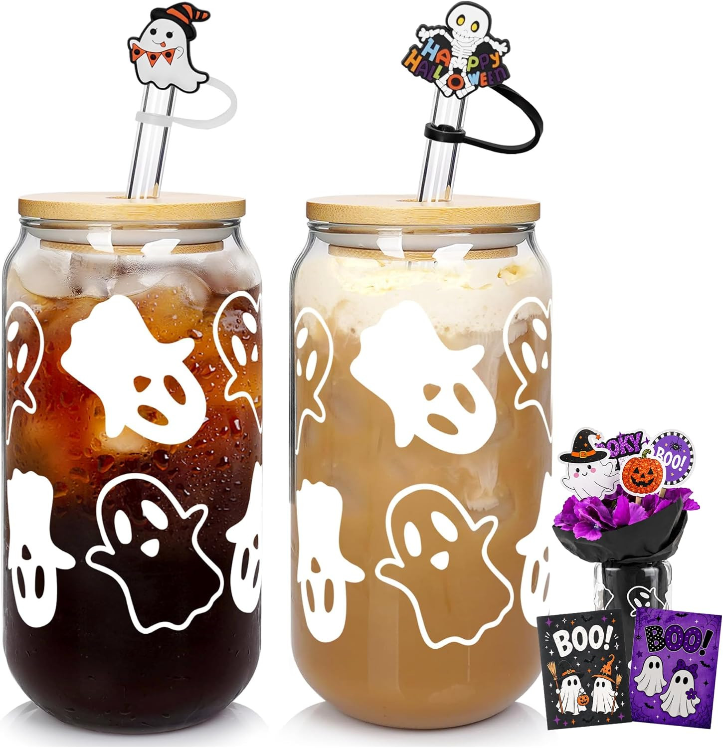 2-Pack Halloween Ghost Glass Cups with Lids& Straws, Boo Basket Stuffers | Amazon (US)