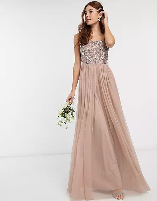 Maya Bridesmaid sleeveless square neck maxi tulle dress with tonal delicate sequin overlay in tau... | ASOS (Global)