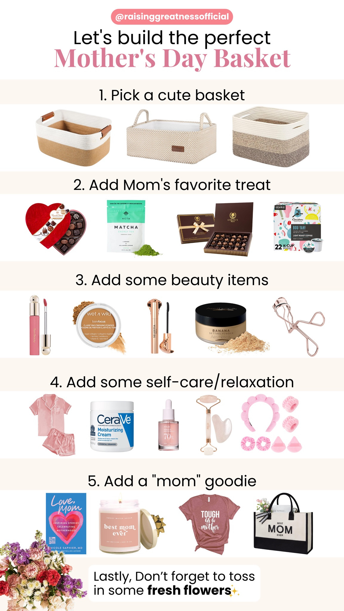 Craft the perfect Mother's Day Basket! 🎁 Choose a charming basket. Sweeten it with Mom's favorite treat. Pamper her with luxurious beauty items. Add relaxation essentials like bath bombs or candles. Include a special "mom" goodie, like a personalized mug or heartfelt note. Finish with a bouquet of fresh flowers. 💐✨ #MothersDay #GiftIdeas

#LTKSeasonal #LTKGiftGuide #LTKU