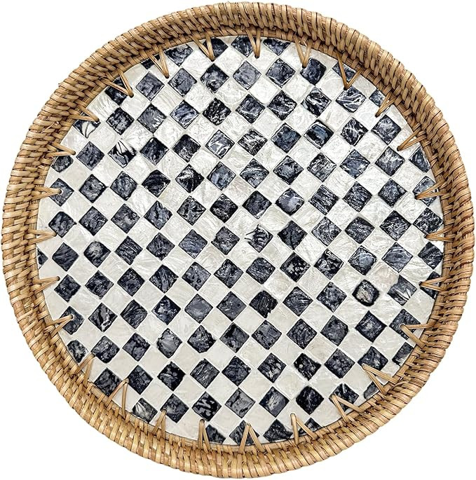 Round Rattan Tray with Mother of Pearl Inlay, Decorative Basket with Wooden Base, Woven Tray for ... | Amazon (US)