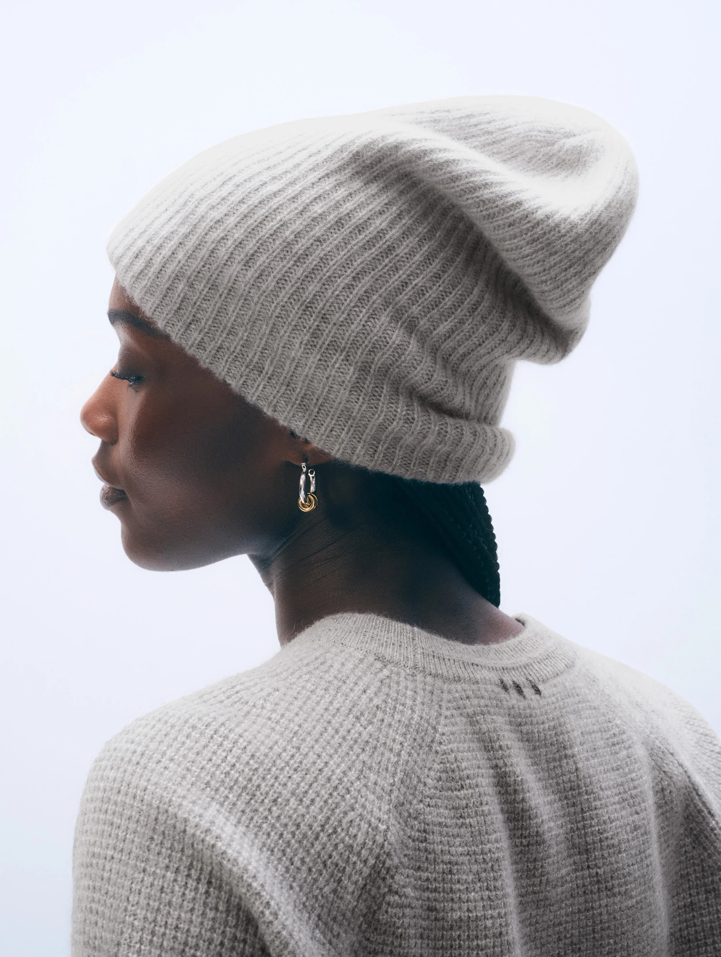 Cashmere Ribbed Beanie | Grey Heather | White and Warren
