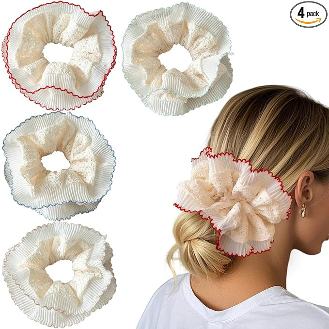 4 Pack Puffy Layered Lace Scrunchies for Women Girls, Chic French-Inspired Double-Layer Ruffle De... | Amazon (US)