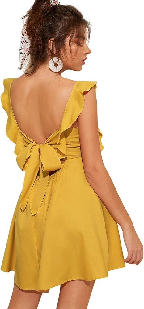 Romwe Women's Cute Tie Back Ruffle Strap A Line Fit and Flare Flowy Short Dress | Amazon (US)