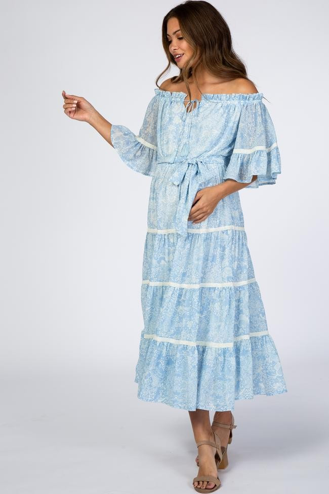 Light Blue Printed Off Shoulder Maternity Maxi Dress | PinkBlush Maternity