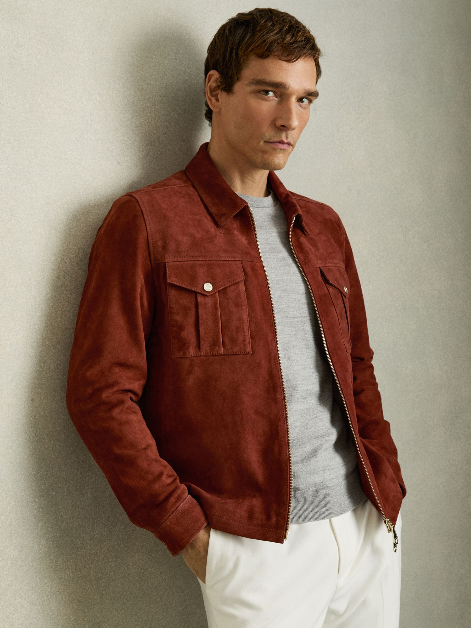 Suede Zip-Through Jacket in Burnt Red | Reiss UK
