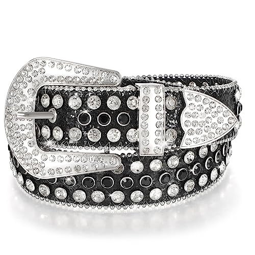 Western Rhinestone Bling Studded Cowboy Cowgirl Black Belts for Women Girl Men Female Ladies Jeans Pants Dresses Dress with Vintage Silver Buckle(MZSBK-XL) | Amazon (US)