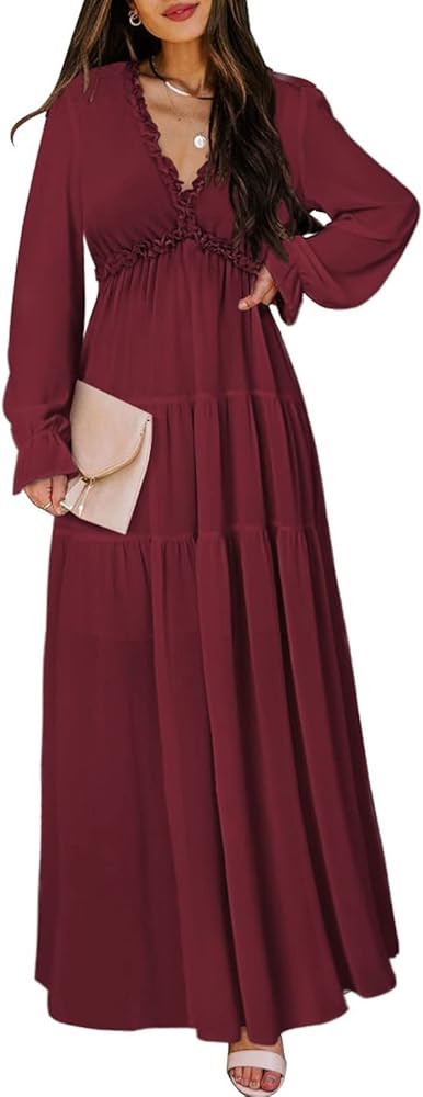 BLENCOT Womens Casual Floral Deep V Neck Long Sleeve Long Evening Dress Cocktail Party Maxi Weddi... | Amazon (US)