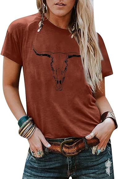 Boho Cow Skull Shirt Women Cowgirl t Shirt Vintage Western Rodeo Graphic Tee Short Sleeve Bull Sk... | Amazon (US)