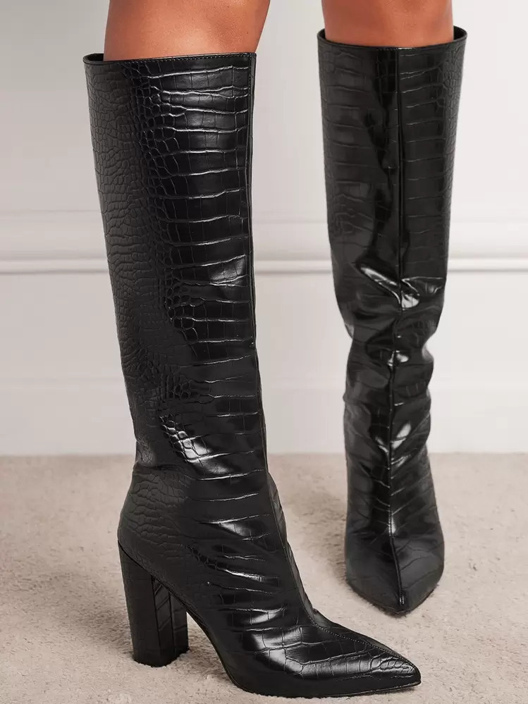 Jaqueta Combinante, Bota De Couro Sintético De Padrão De Pedra Com Bico Fino E Salto Bloco, Cano Longo E Acima Do Joelho E Panturrilha Larga Com Design De Puxar, Para Outono E Inverno, Combine Com Suéter, Feminino | SHEIN