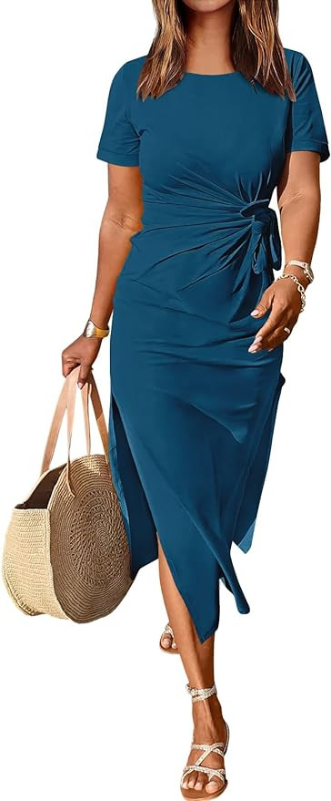 ANRABESS Women's 2025 Summer Maxi Tshirt Dress Short Sleeve Crewneck Tie Waist Casual Slim Fit Sl... | Amazon (US)