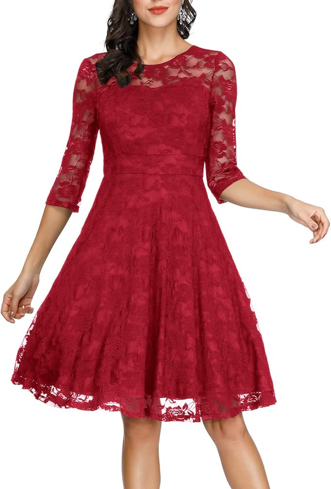 Amazon.com: Womens Dresses for Wedding Guest Semi Formal Cocktail Lace Dress with Sleeves Wine Re... | Amazon (US)