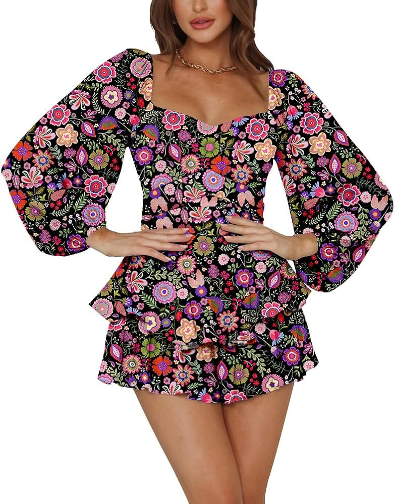 LYANER Women's Jumpsuit Lantern Long Sleeve Ruffle Layer Tie Mini Short Romper | Amazon (US)