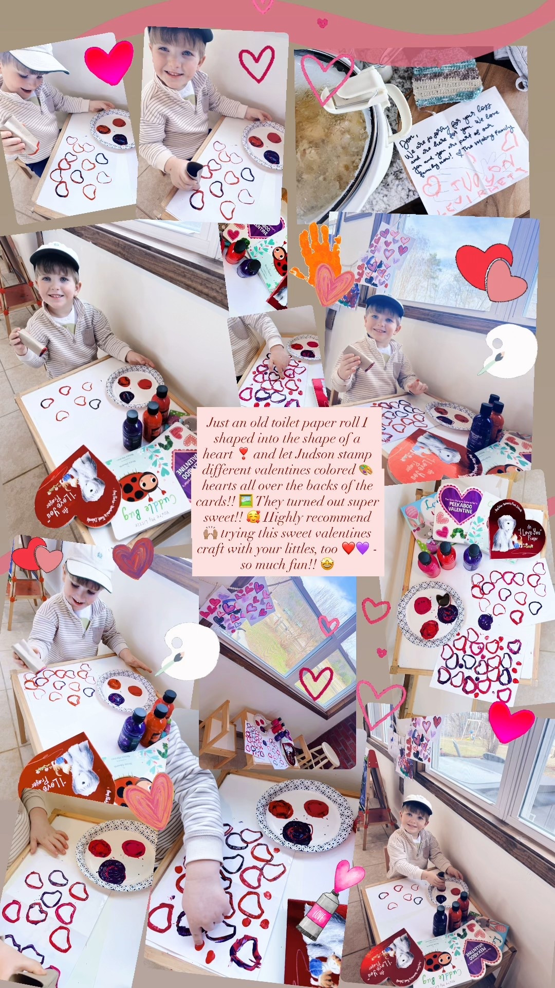Just an old toilet paper roll I shaped into the shape of a heart ❣️ and let Judson stamp different valentines colored 🎨 hearts all over the backs of the cards!! 🖼️ They turned out super sweet!! 🥰 Highly recommend 🙌🏽 trying this sweet valentines craft with your littles, too ❤️💜 - so much fun!! 🤩 

#LTKmomlife #LTKKids #LTKValentine