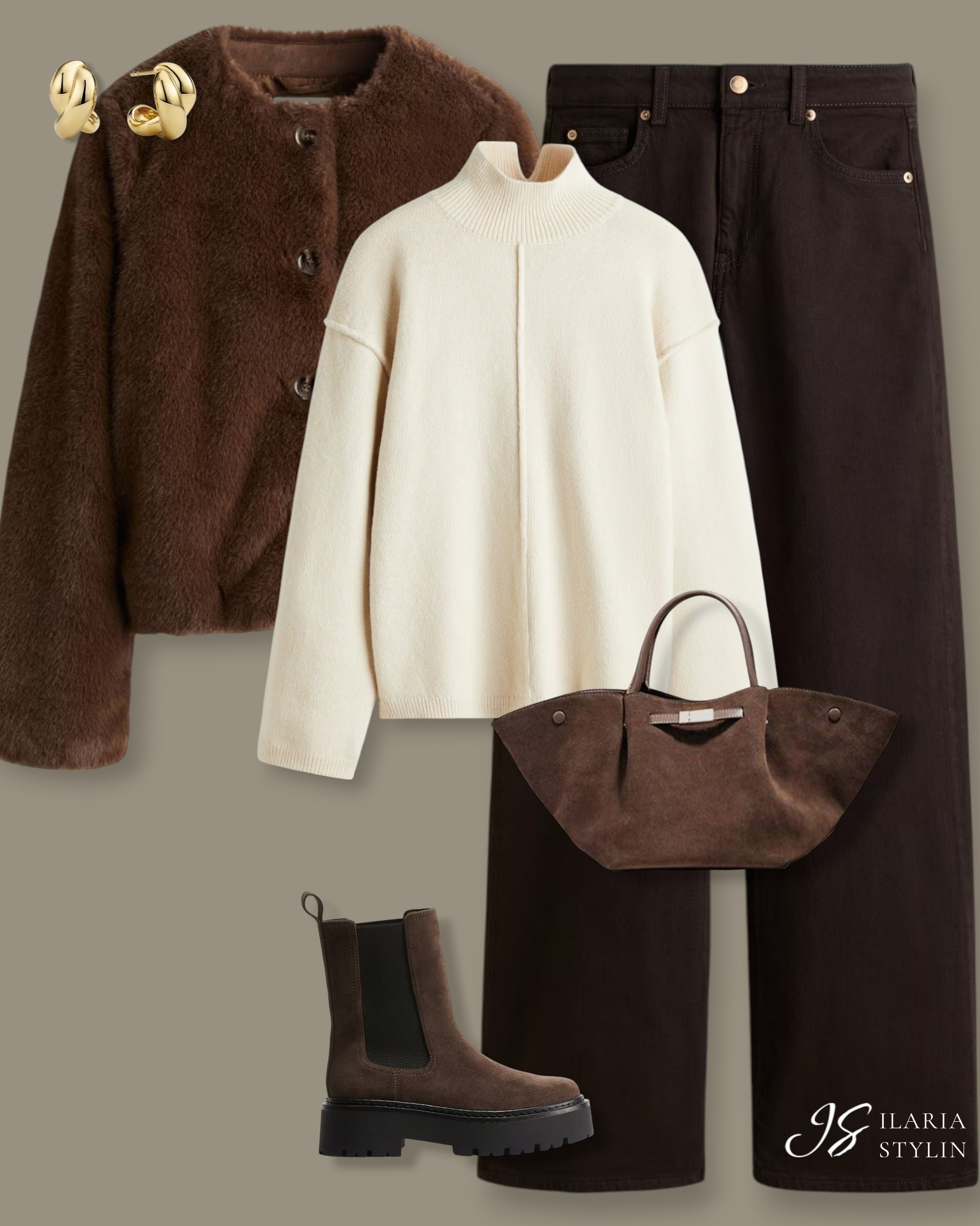 OUTFIT IDEAS:  BROWN & DARK BROWN 🍫winter outfit, winter outfit ideas, winter ootd, brown jacket, fluffy jacket, dark brown jeans, wide leg jeans, cream swater, mock turtleneck sweater, brown boots, suede boots, chelsea boots, chunky boots, brown bag, suede bag, shopper bag, handbag, casual outfit, casual chic outfit

#LTKHoliday #LTKootd #LTKSeasonal