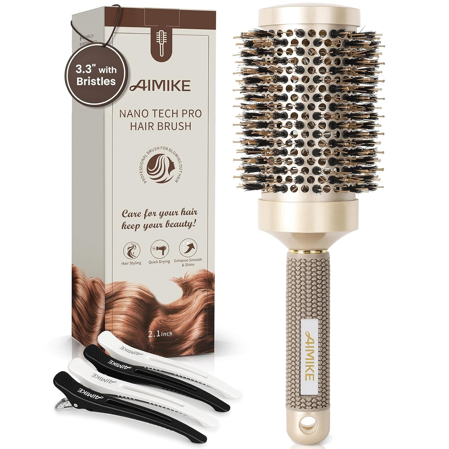 AIMIKE Round Hair Brush, Nano Thermal Ceramic & Ionic Tech, 2.1 Inch Barrel with Boar Bristles for Enhanced Texture, Golden, Hair Drying, Styling, Curling and Shine + 4 Free Clips | Amazon (US)