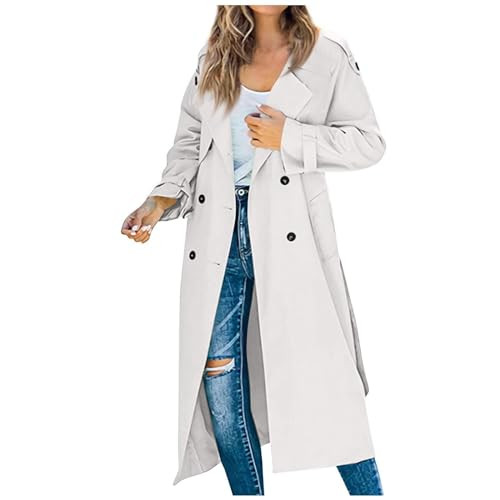 Women's Double Breasted Long Trench Coat - Spring Fall Windproof Classic Lapel Overcoat with Belt - White | Amazon (US)