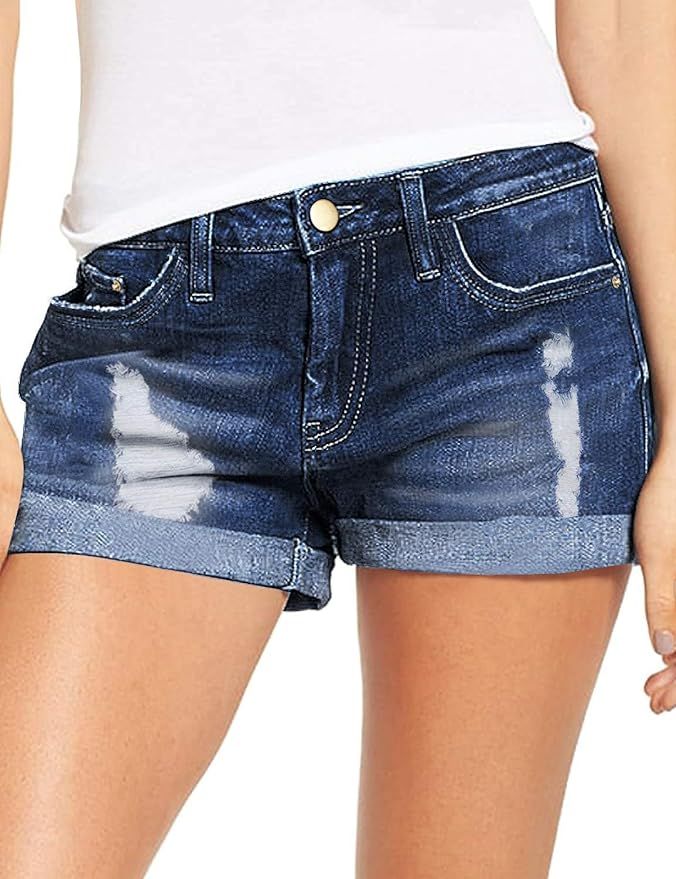 CHICZONE Women's Denim Shorts Mid Rise Ripped Jean Shorts Stretchy Folded Hem Hot Short Jeans | Amazon (US)