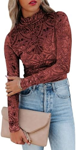 miduo Womens Slim Fit Velvet Burnout Top Cowl Neck Long Sleeve See Through Shirt Blouses Tops | Amazon (US)