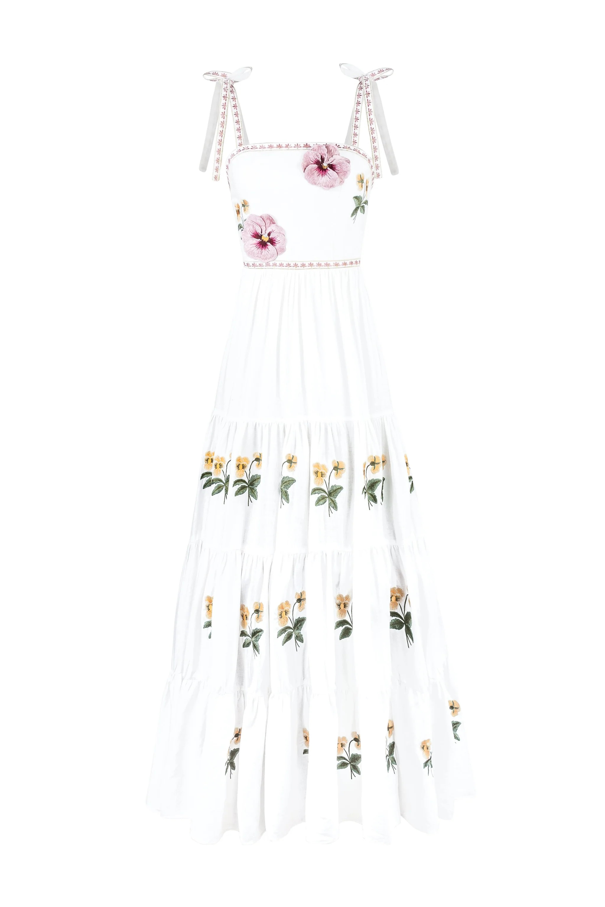 Tara Maxi Dress - Pansy Embroidered Offwhite & Yellow | Rosewater Collective