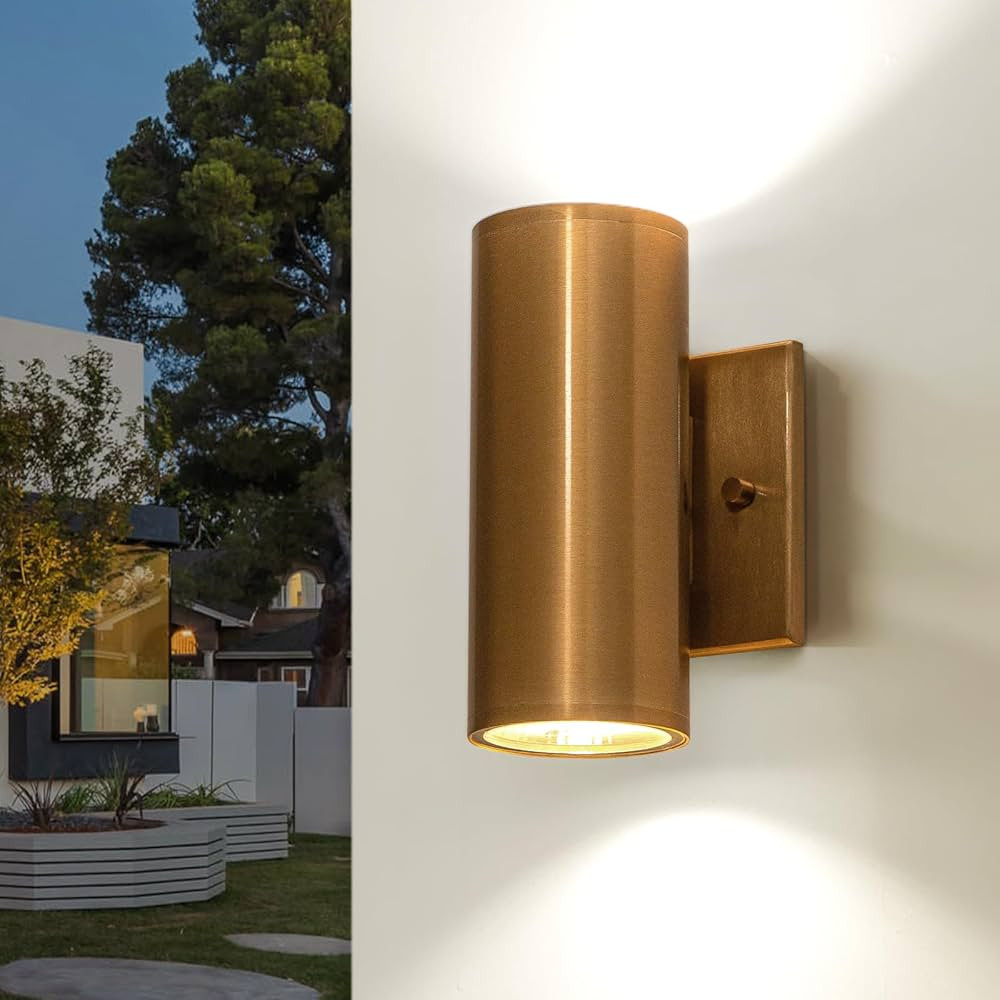 Up and Down Lights Outdoor, Modern Gold LED Outdoor Wall Lights Fixture in 2 Lights, 7 inch Cylin... | Amazon (US)