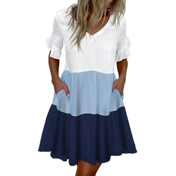 UKAP Women Baby Doll Dress Summer Casual Party Dress Pleated Flowy Swing Short Sleeve V Neck Mini... | Walmart (US)