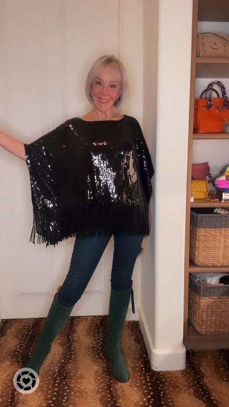 30% off your purchase today. You will love this black sequin poncho with fringe. Wear it with jeans or wear it over all black dress, jumpsuit, skirt or trousers. 
@lovechicos 

#LTKover40 #LTKHoliday #LTKsalealert