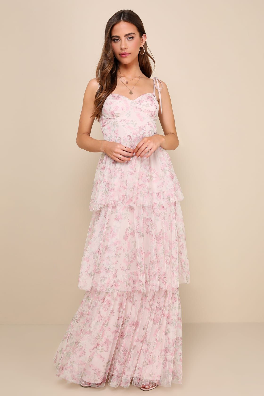 Blissfully Gorgeous Blush Floral Tie-Strap Bustier Maxi Dress | Lulus