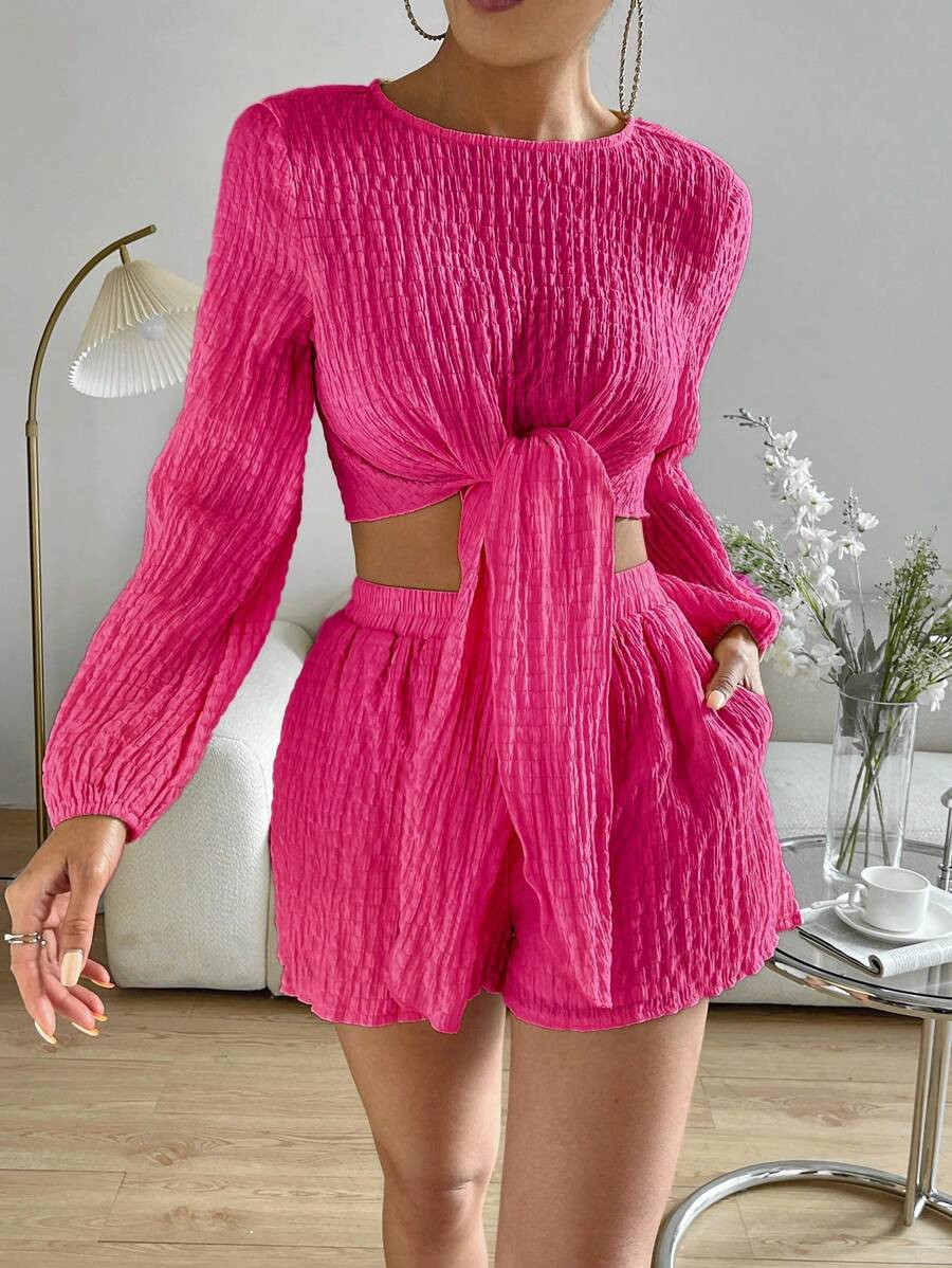 SHEIN Solid Tie Front Crop Top & Shorts | SHEIN