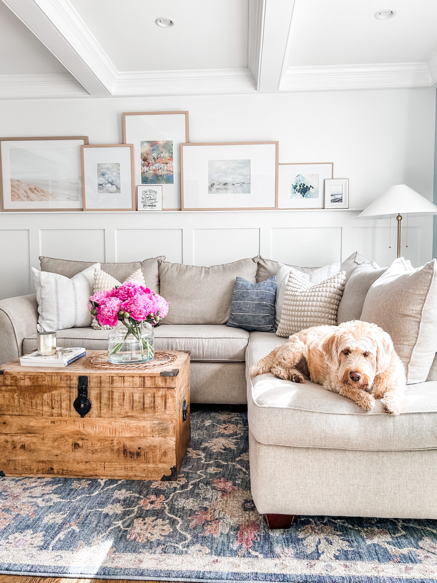 Living room decor, brass floor lamp, Studio McGee lamp, blue area rug, Loloi rug, gallery frame, throw pillow, coastal art print, abstract art. 
#target #homedepot #loloi

#LTKstyletip #LTKFind #LTKhome