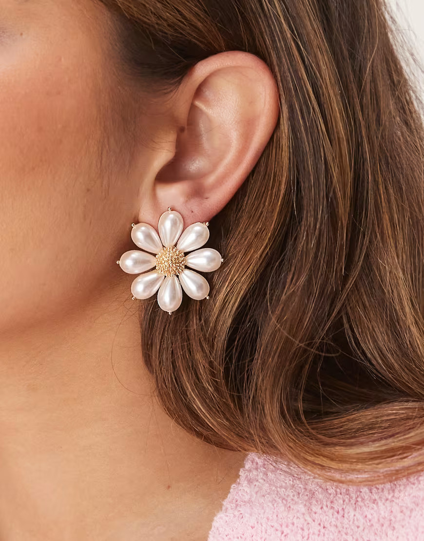ASOS DESIGN stud earrings in faux pearl flowers design-White | ASOS (Global)