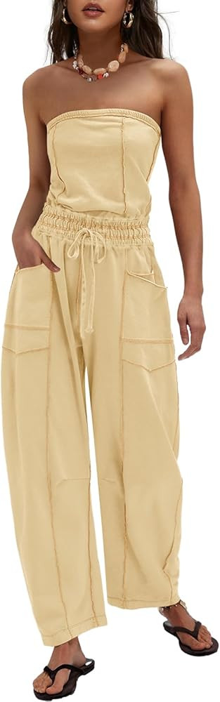 LAMISSCHE Womens Casual Strapless Jumpsuits off the Shoulder Summer Rompers Sleeveless One Piece ... | Amazon (US)