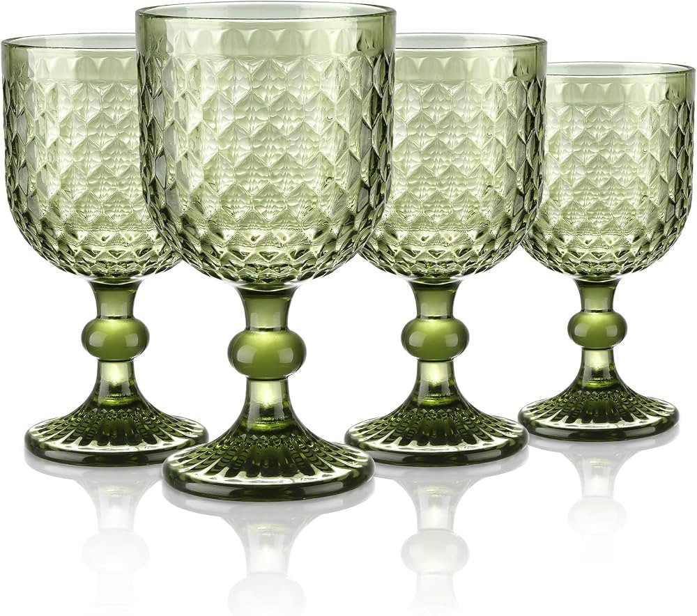 Joeyan Green Vintage Wine Glasses,Colored Romantic Water Goblet Glasses with Embossed Diamond Pat... | Amazon (CA)