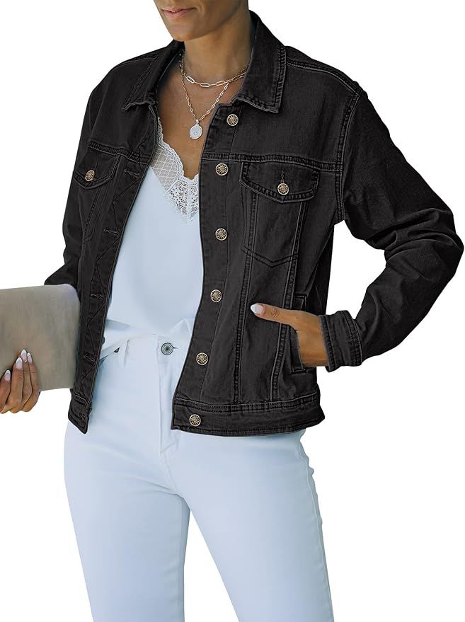 Maolijer Women's Classic Button Down Long Sleeve Stretch Fitted Denim Jean Jacket | Amazon (US)