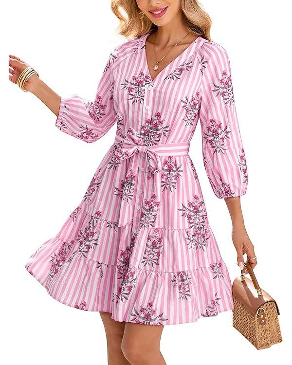 Women Floral Dresses 2026 Casual Long Sleeve Button Down Mini Dress Swing Short Dress with Belt | Amazon (US)