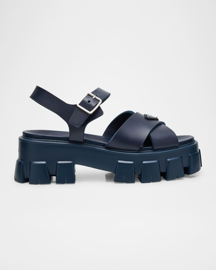 Prada Monolith Crisscross Ankle-Strap Chunky Sandals | Neiman Marcus
