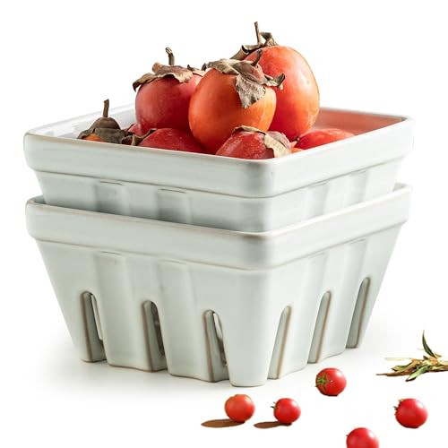 Gomakren Fruit Basket for Kitchen, Fruit Bowl with Holes, Ceramic Berry Basket Set of 2, 5.7 Inch Square Berry Containers Colander - Farmhouse Kitchen Decor, White | Amazon (US)