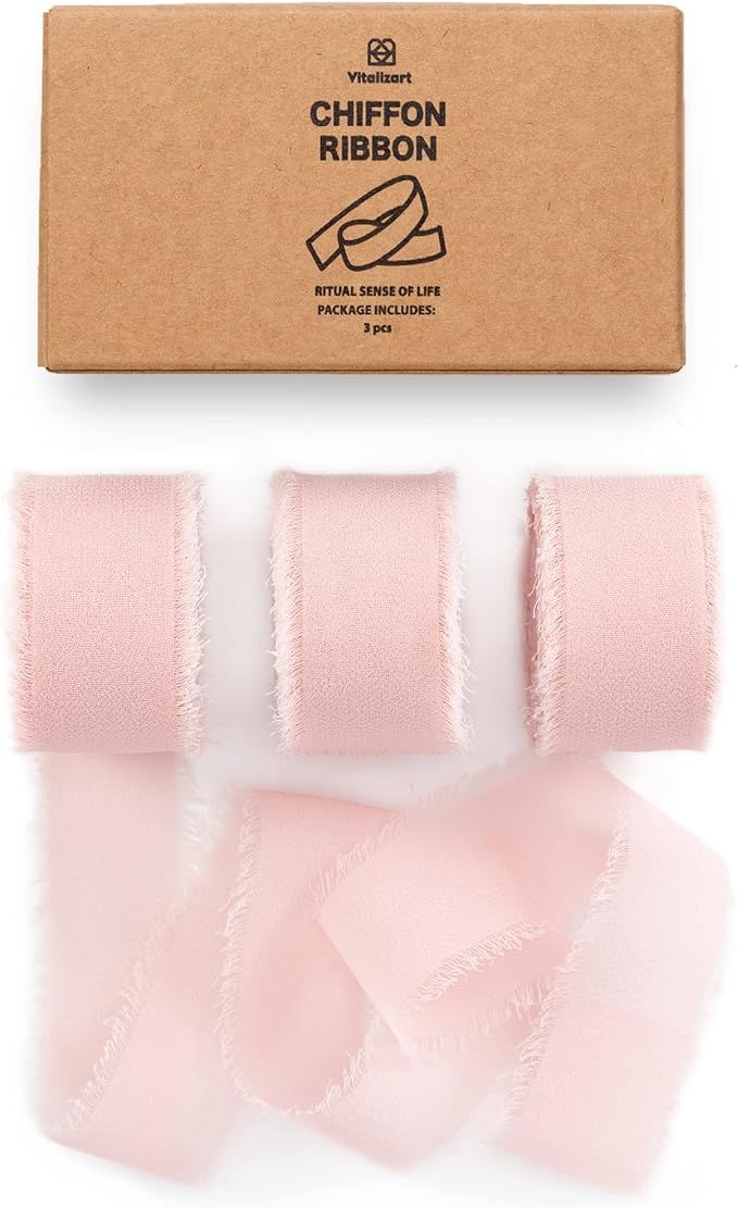 Vitalizart Blush Pink Chiffon Silk Ribbon 1" x 21Yd Fringe Fabric Eco-Friendly Package (3 Rolls *... | Amazon (US)
