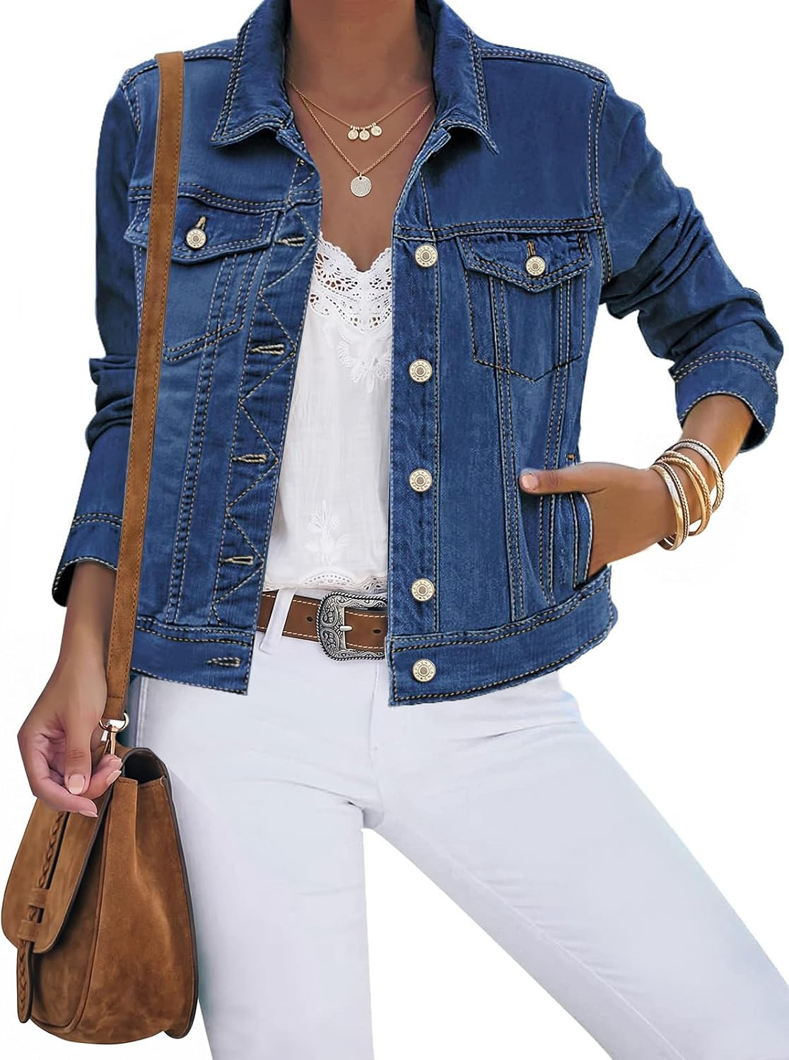 luvamia Women's Basic Button Down Stretch Fitted Long Sleeves Denim Jean Jacket | Amazon (US)