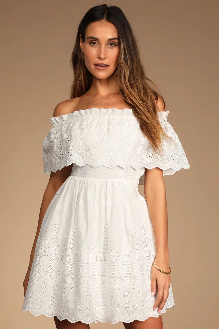 Summer in Spain White Eyelet Lace Off-the-Shoulder Mini Dress | Lulus (US)