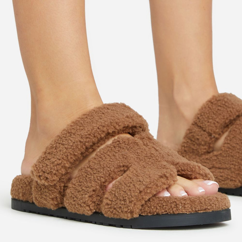 Bratitude Gladiator Velcro Strap Flat Slider Sandal In Brown Faux Shearling | EGO (UK)