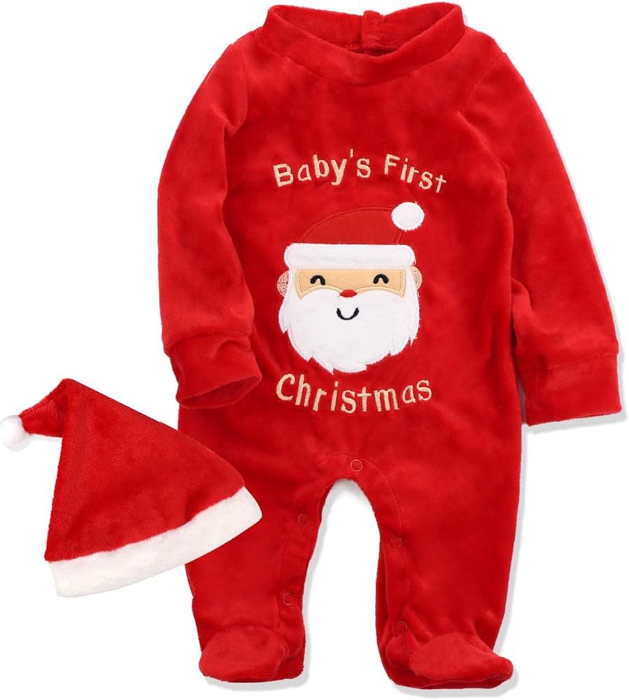 Christmas Footed Clothes for Baby & Infant My 1st Christmas Romper with Matching Santa Hat | Amazon (US)