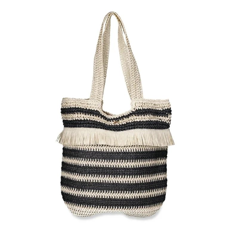 Time & Tru Women's Fringed Woven Straw Tote Bag, Natural/Black Stripe - Walmart.com | Walmart (US)
