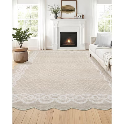 Washable Scalloped Area Rugs 5x7 Modern Bordered Floor Mats, Non-Slip Contemporary Accent Rug, Non Shedding Soft Low Pile Indoor Carpet | Target