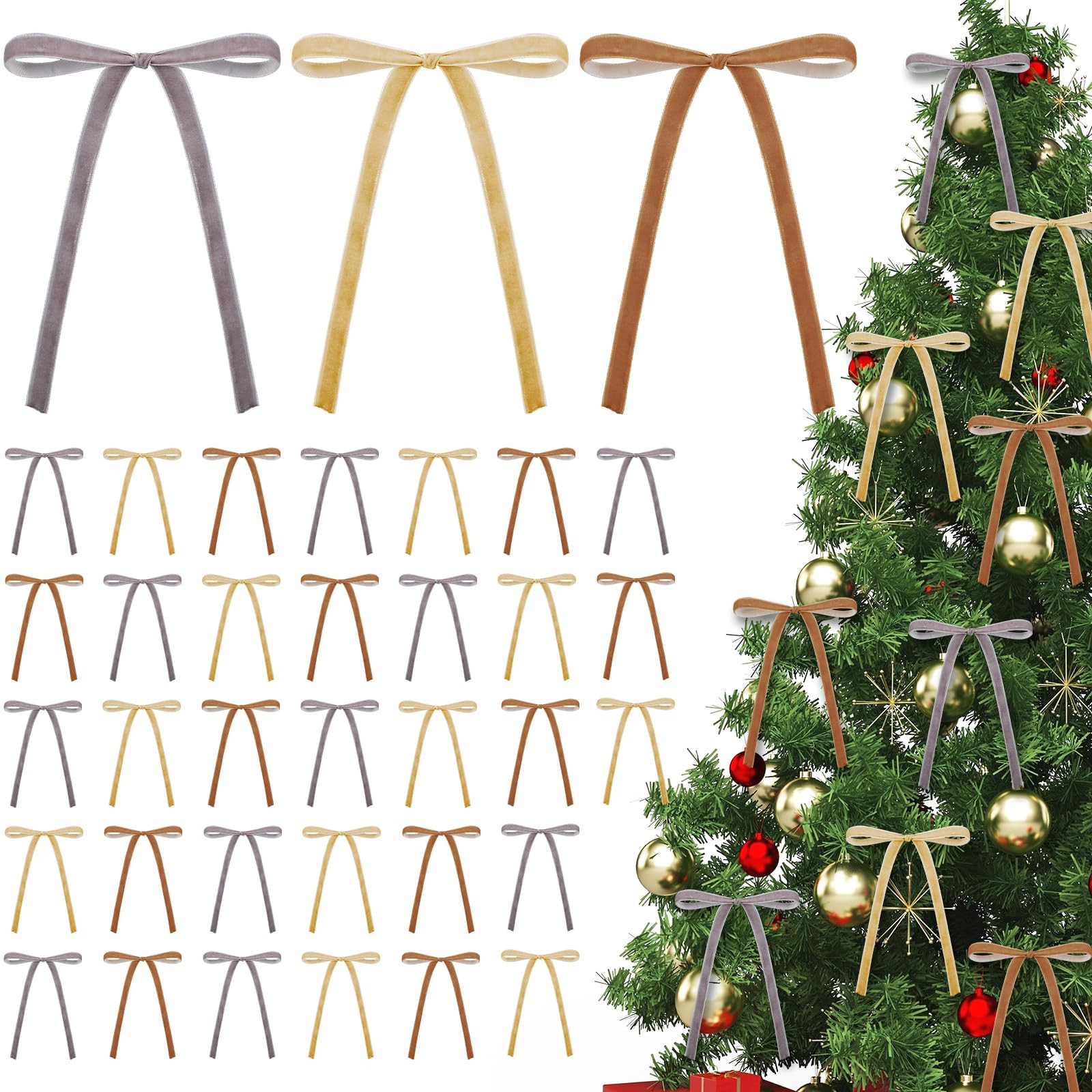 36 Pcs Neutral Velvet Bows for Christmas Tree Vintage Christmas Bows Ornaments Wreath Decor Prema... | Amazon (US)