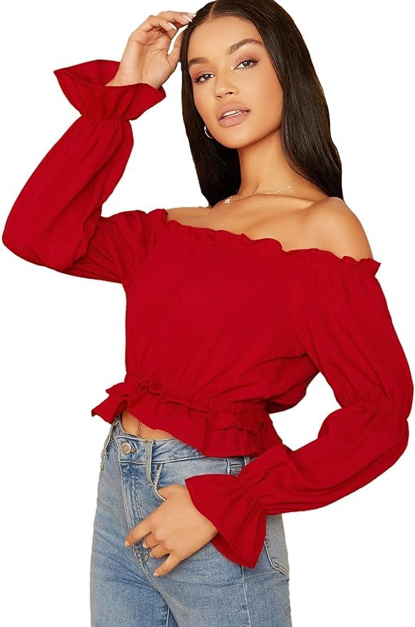 SheIn Women's Sexy Striped Off Shoulder Long Sleeve Shirt Ruffle Trim Blouses Top Small Red at Am... | Amazon (US)