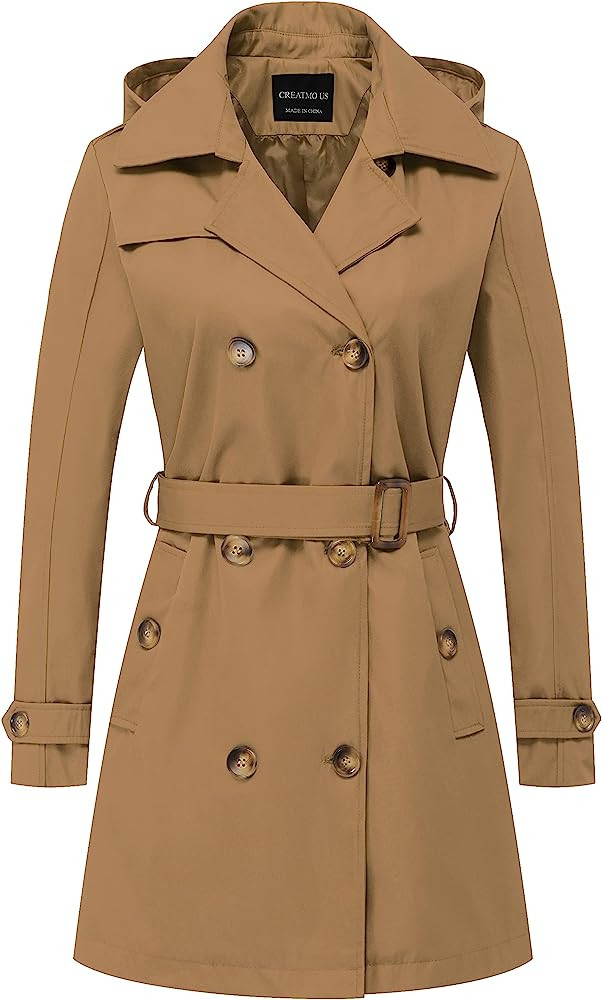 CREATMO US Women's Trench Coat Double-Breasted Classic Lapel Overcoat Belted Slim Outerwear Coat ... | Amazon (US)