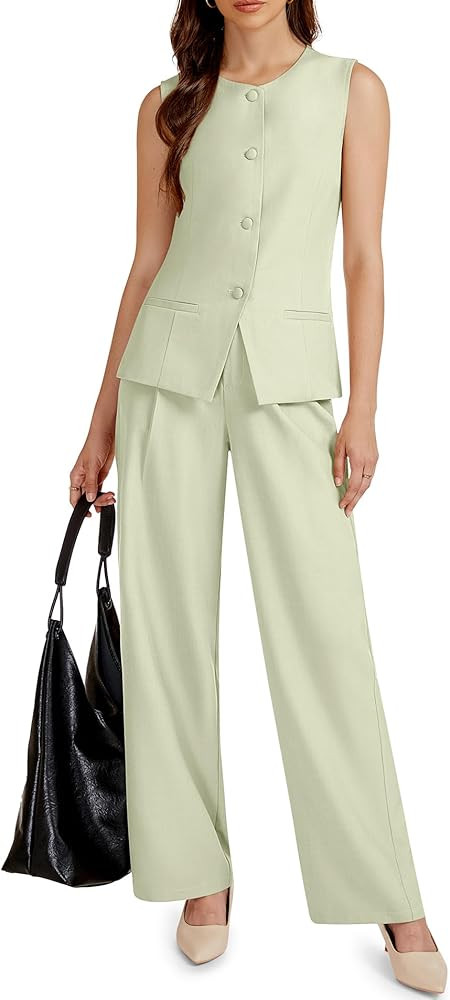 Casly Lamiit Women's 2 Piece Outfit Spring 2026 Sleeveless Suit Vest and Wide Leg Pants Business ... | Amazon (US)