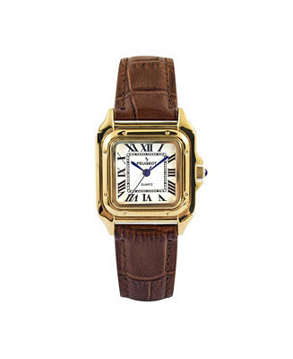 Women's 14K Gold-Plated 32mm Tank Shape Brown Leather Strap Watch | Macy's